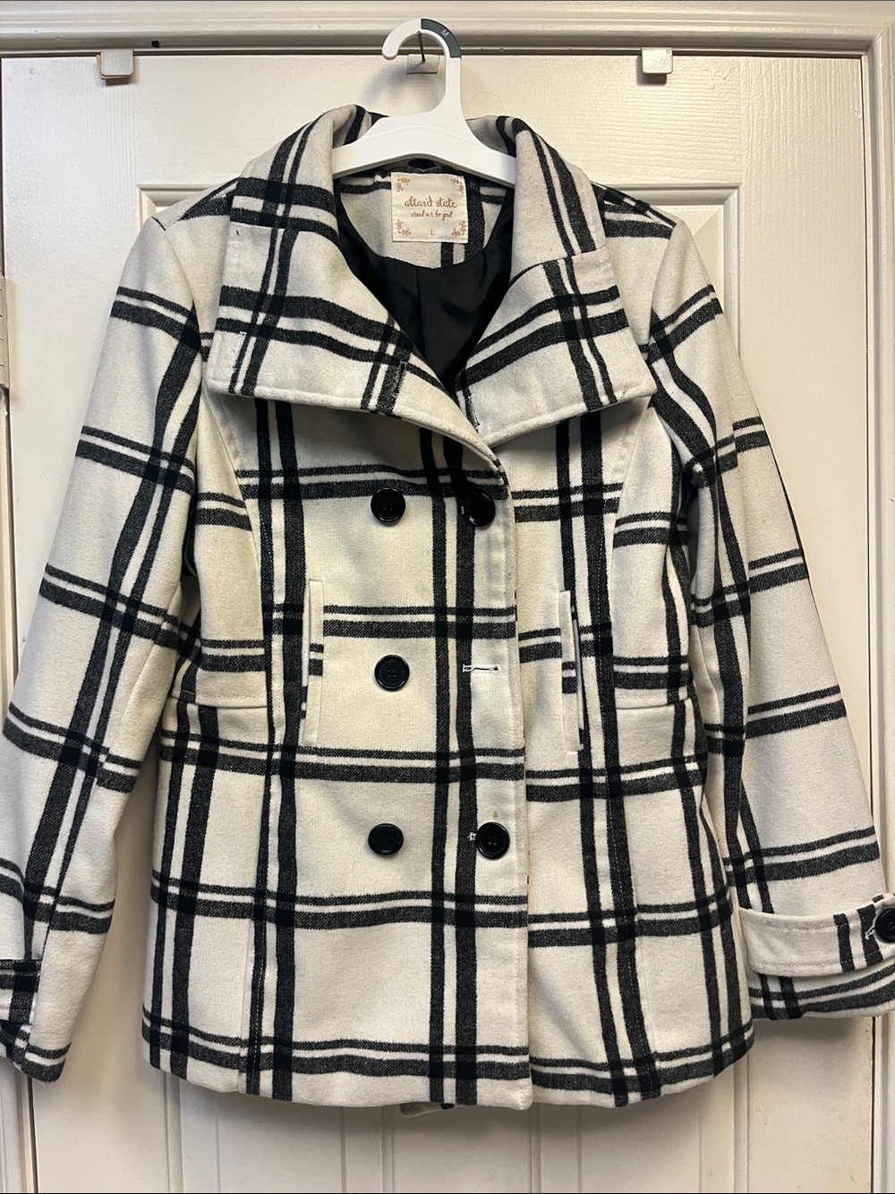 Alter’d State Black & Cream Plaid Peacoat L